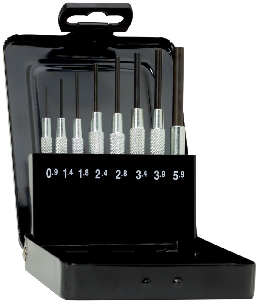 Parallel pin punch set with guide sleeve in metal box (8-piece)