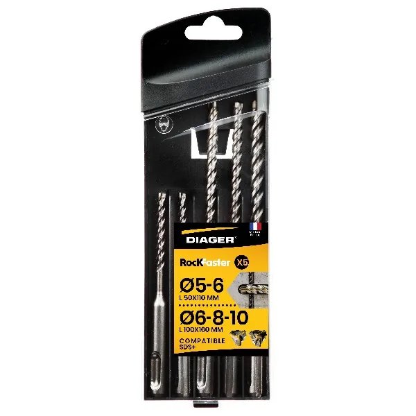 Concrete hammer drill bit set ROCKFASTER DIAGER 1004A, 5-Piece, 3-Cutter/6-Cutter, SDS-Plus