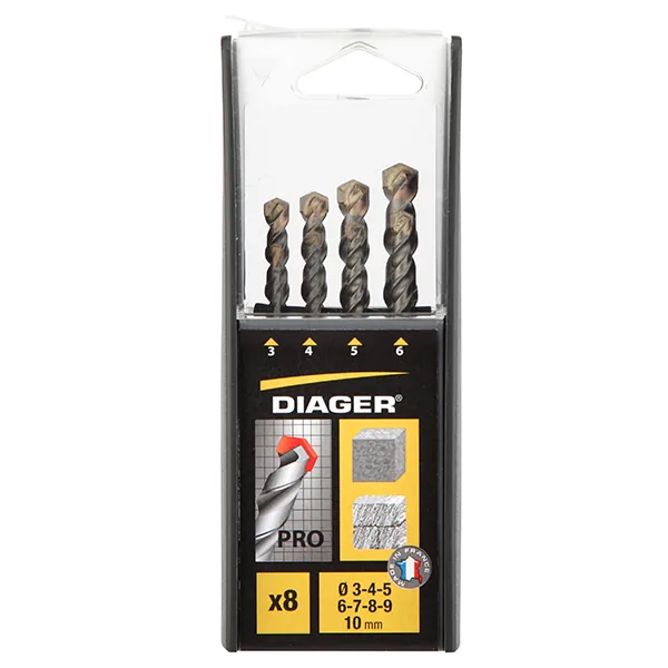 Bộ 8 mũi khoan bê tông size Ø3-10mm DIAGER Pro 299B, đầu hợp kim Carbide